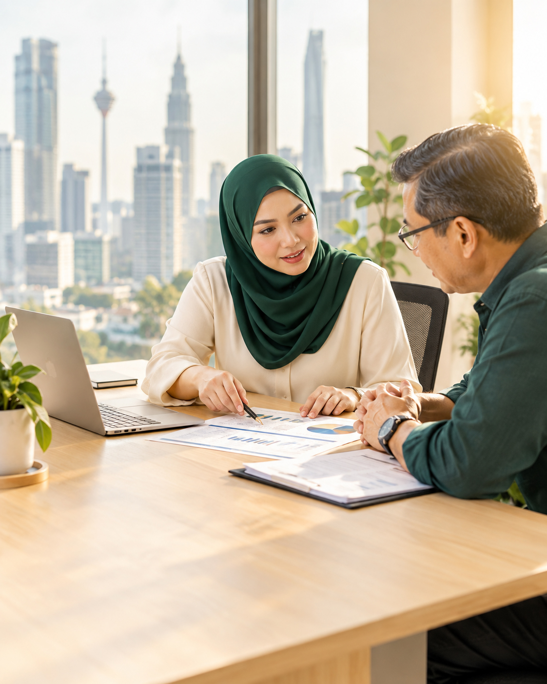 Accountant reviewing financial statements with a client in a bright office