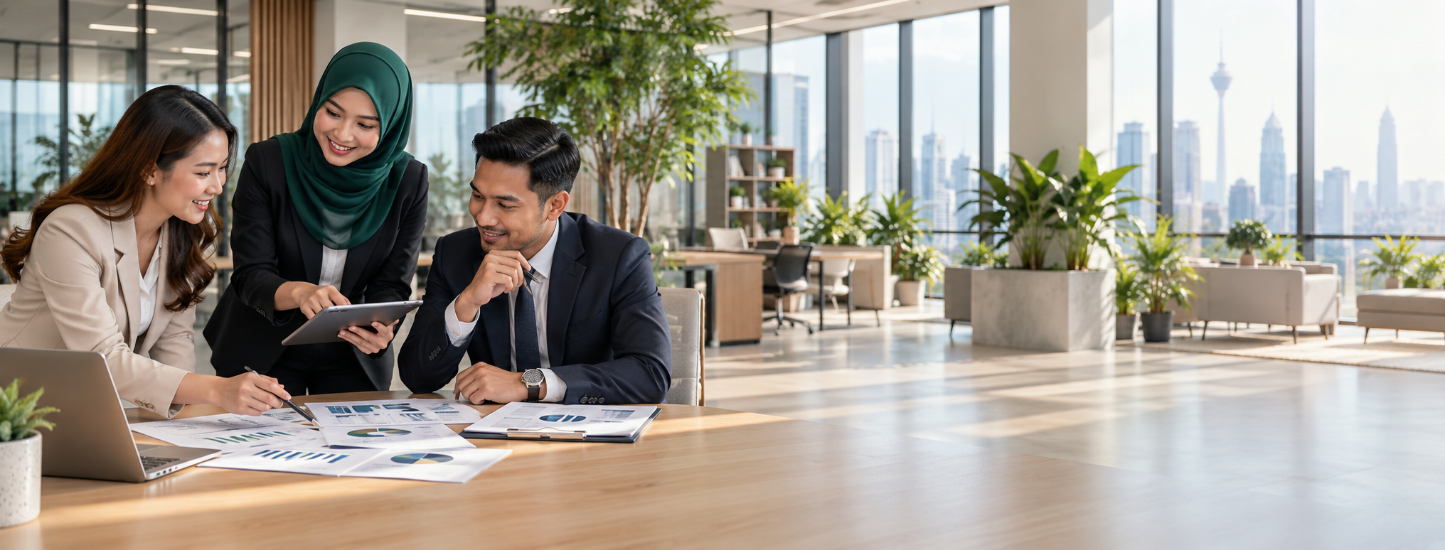 Accountants reviewing documents together at a bright desk